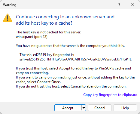 Continue connecting to an unknown server and add its host key to a ...